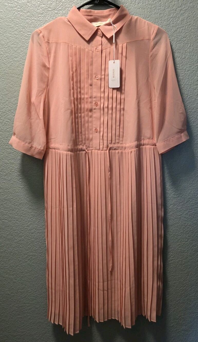 WLDRSD Pink Pleated Chiffon Midi Dress XS NWT Sheer Pastel Button Up